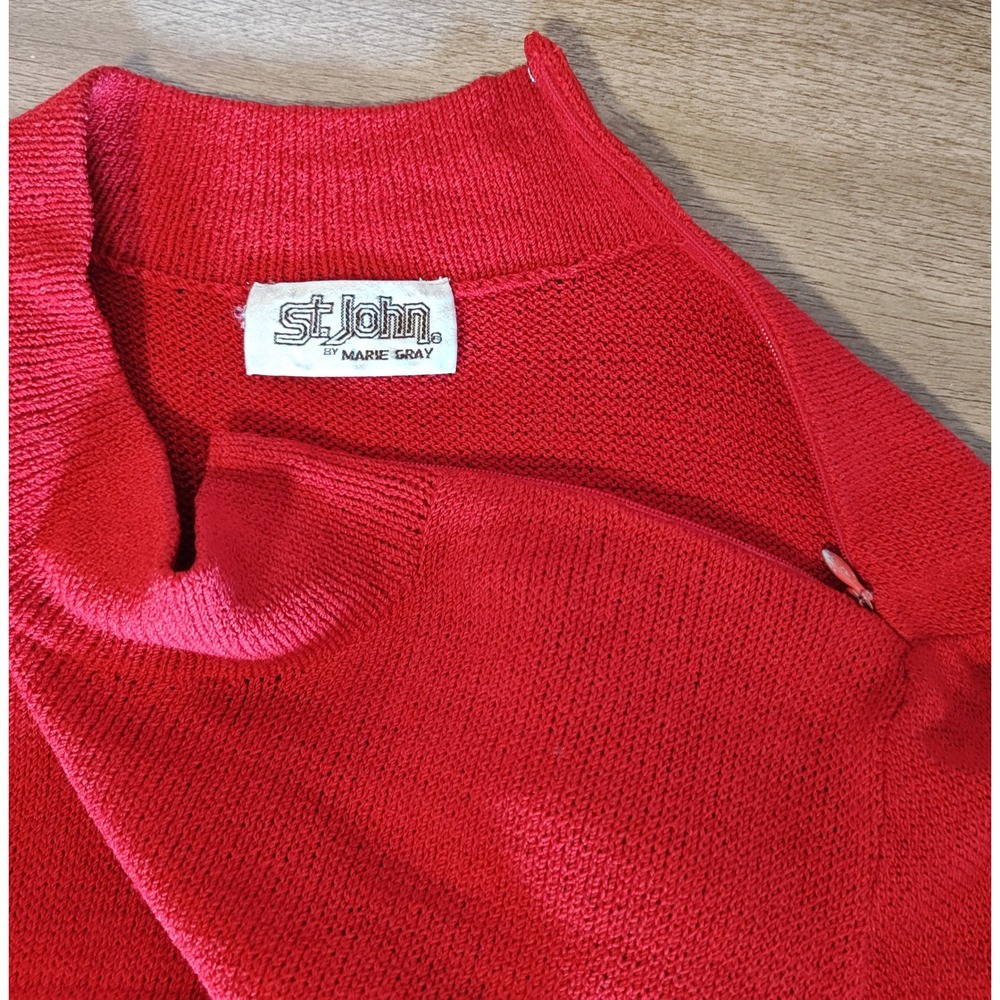 St John Marie Gray Knit Dress Womens 12 Red Black Colorblock Mock‎ Neck Santana - Picture 5 of 13